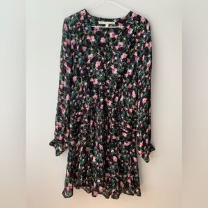 Veronica Beard Naomi Pintuck Black Floral Print Silk Mini Dress w/ Pink & Green